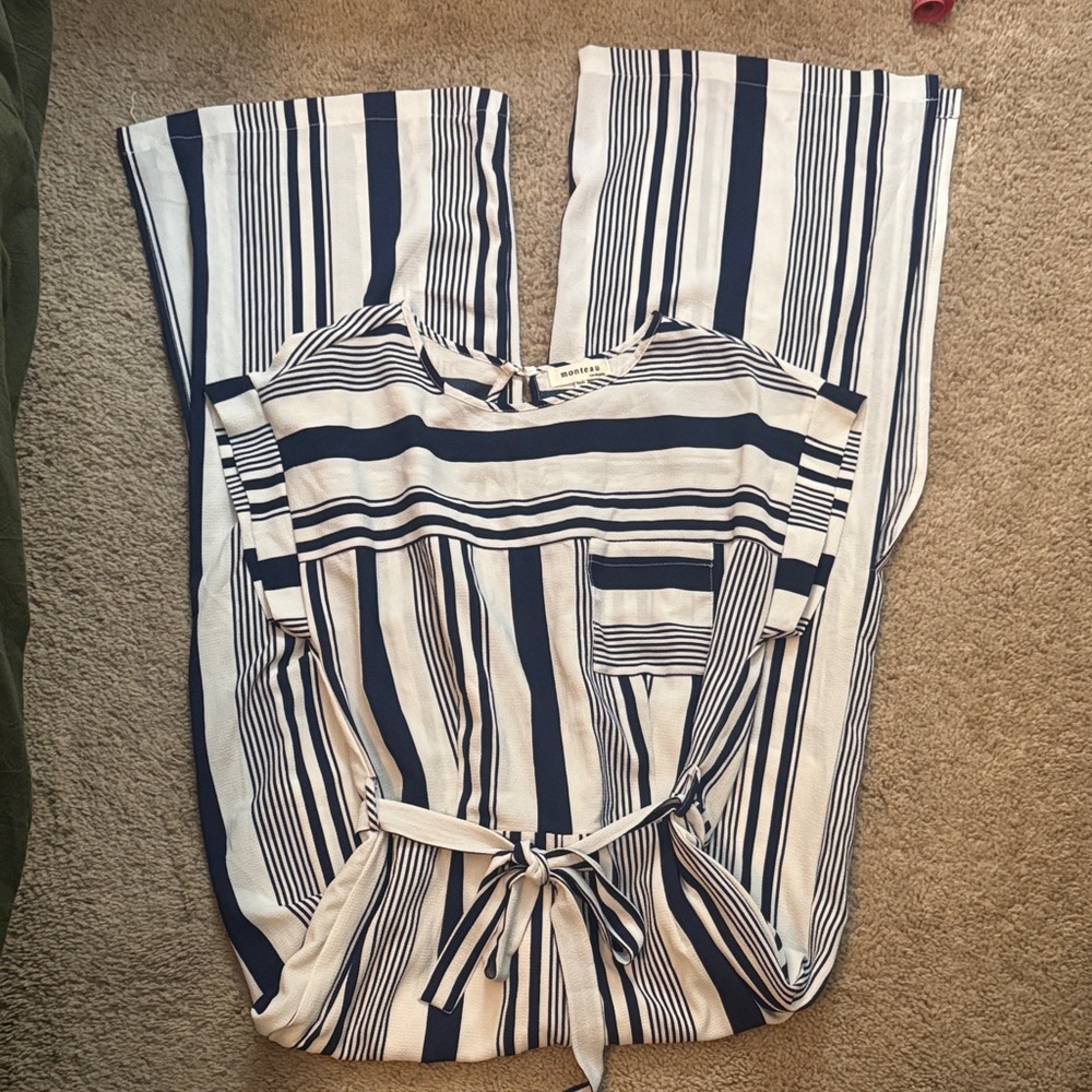 Monteau Navy and White Striped Kids One Piece